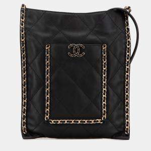 Pre Owned Chanel Black Quilted Calfskin Chain Flat Shoulder Bag