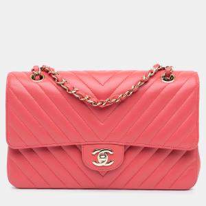 Pre Owned Chanel Pink Medium Classic Chevron Lambskin Double Flap