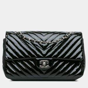 Pre Owned Chanel Black Medium Classic Chevron Patent Double Flap