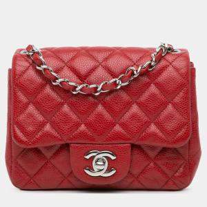 Pre Owned Chanel Red Mini Square Classic Caviar Single Flap