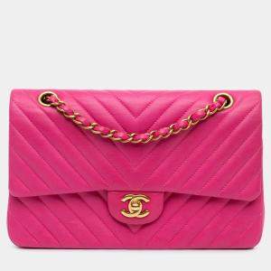 Pre Owned Chanel Pink Medium Classic Chevron Lambskin Double Flap