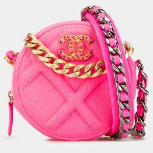 Pre Owned Chanel Pink Jersey 19 Round Clutch on Chain