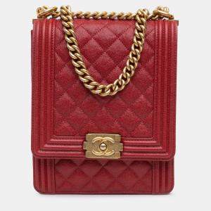 Pre Owned Chanel Red Quilted Caviar North South Boy Flap
