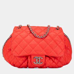 Pre Owned Chanel Red Large Quilted Lambskin Chain Around Flap