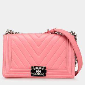 Pre Owned Chanel Pink Old Medium Chevron Lambskin Boy Flap