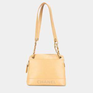 Pre Owned Chanel Yellow Caviar Logo Chain Shoulder Bag