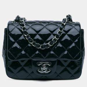 Pre Owned Chanel Blue Mini Square Classic Patent Single Flap