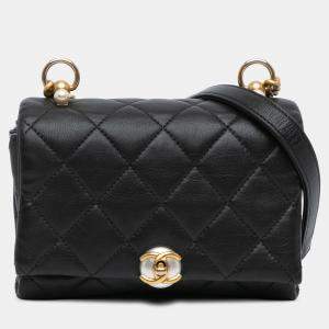 Pre Owned Chanel Black Mini Quilted Calfskin Pearl CC Accordion Flap