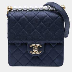 Pre Owned Chanel Navy Blue Small Lambskin Chic Pearls Flap