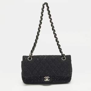 مملوكة مسبقًا Chanel Classic Double Flap Medium Black Quilted Canvas and Sequins Flap Bag