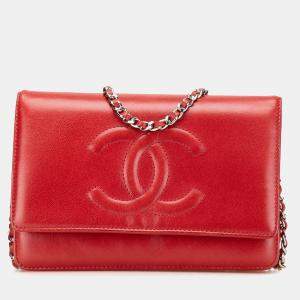 Pre Owned Chanel Red CC Calfskin Wallet On Chain