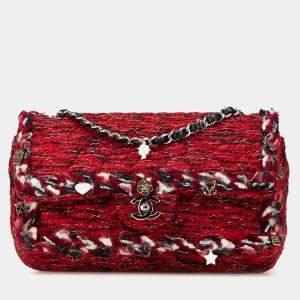 Pre Owned Chanel Red Medium Tweed Braided Charms Double Flap