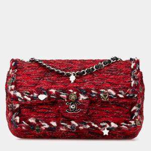 Pre Owned Chanel Red Medium Tweed Braided Charms Double Flap