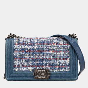 مملوكة مسبقًا Chanel Blue Medium Denim and Tweed Boy Bag
