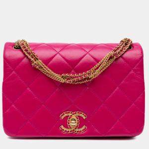 Pre Owned Chanel Pink Small Quilted Lambskin On And On Chain Flap