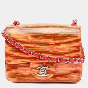 مملوكة مسبقًا Chanel Orange Mini Square Classic Patent Striped Single Flap