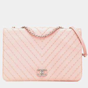 Pre Owned Chanel Pink Chevron Calfskin Studded Full Flap