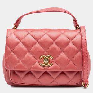 Pre Owned Chanel Pink Quilted Metallic Calfskin Top Handle Flap