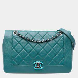 Pre Owned Chanel Blue Medium Crumpled Calfskin Bi Vintage Full Flap