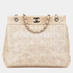Pre Owned Chanel Brown CC Stitched Linen Chain Tote