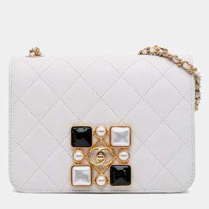 مملوكة مسبقًا Chanel White Small CC Quilted Calfskin Crystal Pearl Full Flap