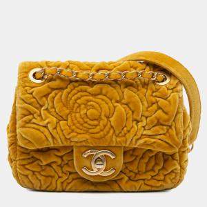 Pre Owned Chanel Yellow Mini Square Velvet Camellia Embossed Flap