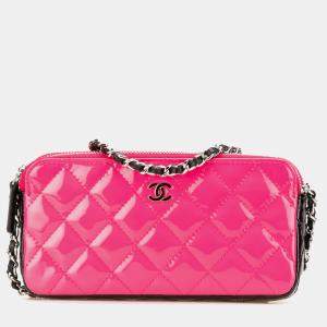 مملوكة مسبقًا Chanel Black Pink Bicolor Patent Double Zip Wallet on Chain
