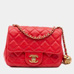 Pre Owned Chanel Red Mini Square Classic Lambskin Pearl Crush Single Flap