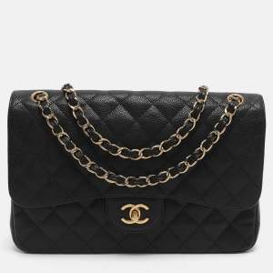 Pre Owned Chanel Classic Double Flap Large Black Caviar Leather Shoulder Bag