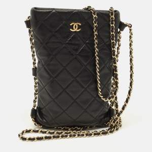 Pre Owned Chanel Chain Around Phone Black Quilted Leather Crossbody Bag