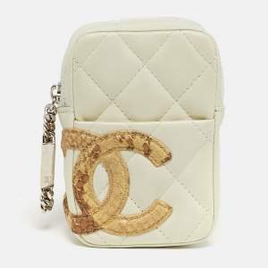 Pre Owned Chanel Cambon Ligne Off White Quilted Leather Coin Purse