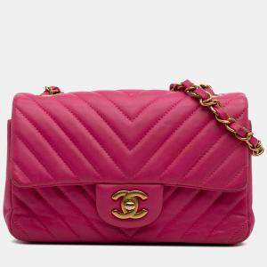 Pre Owned Chanel Pink Mini Rectangular Classic Chevron Lambskin Single Flap