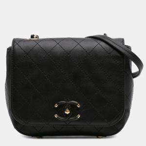 مملوكة مسبقًا Chanel Black Small Stitched Calfskin Covered CC Flap