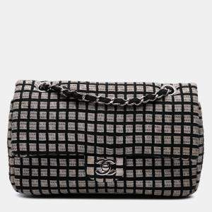 مملوكة مسبقًا Chanel Black White Medium Classic Ribbon Tweed Double Flap