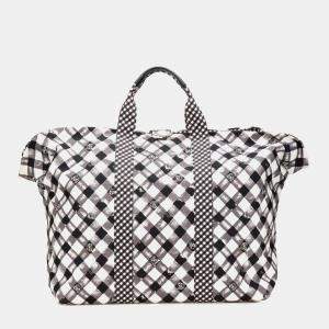 Pre Owned Chanel Black White Printed Canvas Gingham Weekender Tote