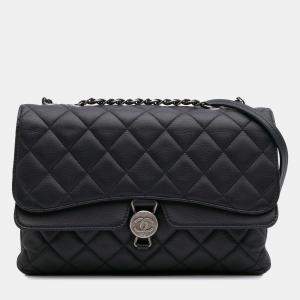 Pre Owned Chanel Black Small Quilted Grained Calfskin CC Round Clasp Accordion Flap