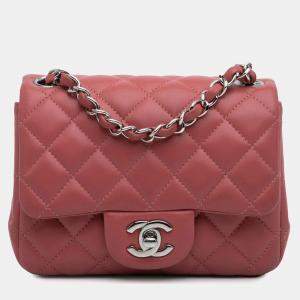 Pre Owned Chanel Pink Mini Square Classic Lambskin Single Flap