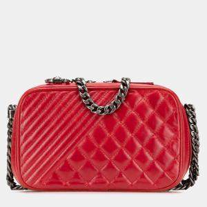 Pre Owned Chanel Red Small Quilted Glazed Calfskin Coco Boy Camera Bag