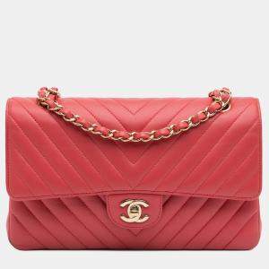Pre Owned Chanel Red Medium Classic Chevron Lambskin Double Flap