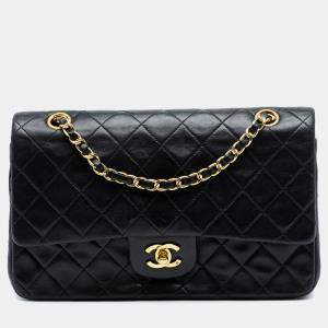 Pre Owned Chanel Black Medium Classic Lambskin Double Flap