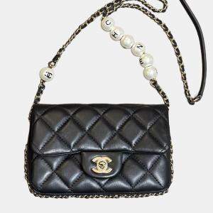 Pre Owned Chanel Mini Flap Bag Black with Gold Hardware Pearl Logo