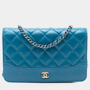 Pre Owned Chanel Blue Quilted Aged Calfskin Gabrielle Wallet On Chain