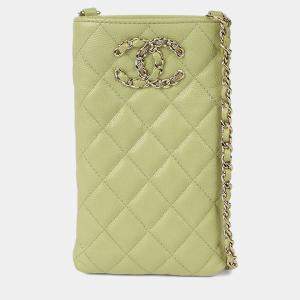 Pre Owned Chanel Caviar CC Logo Green Leather Phone Holder Bag