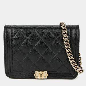 Pre Owned Chanel Boy Mini Black Caviar Leather Wallet On Chain