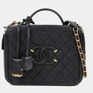 Pre Owned Chanel Cosmetic Case Large Black Caviar Leather Tote Bag