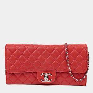 Pre Owned Chanel CC Logo Flap Red Caviar Leather Wallet on Chain Bag
