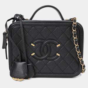 Pre Owned Chanel Cosmetic Medium Black Caviar Leather Tote Bag