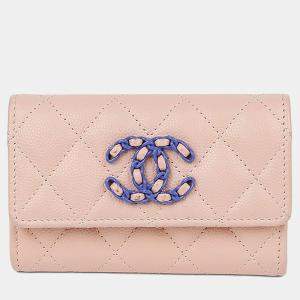 Pre Owned حامل بطاقات قابل للطي جلد كافيار وردي شانيل 19