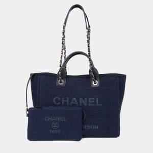 Pre Owned Chanel Deauville Medium Blue Canvas Tote Bag
