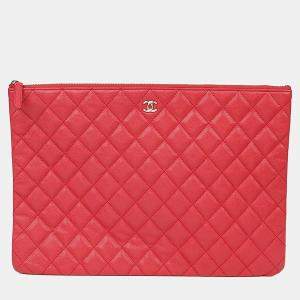 Pre Owned Chanel Classic Large Pink Caviar Leather Clutch